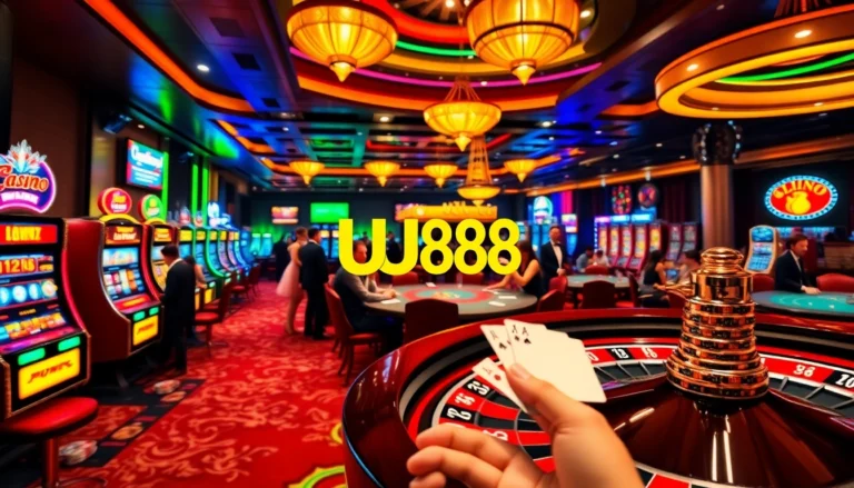 UU88 casino scene featuring lively players at poker tables and sparkling slot machines.