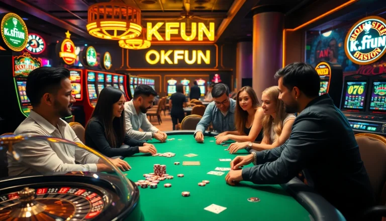 Dynamic casino scene with friends playing poker at OKFUN, surrounded by vibrant slot machines and roulette.