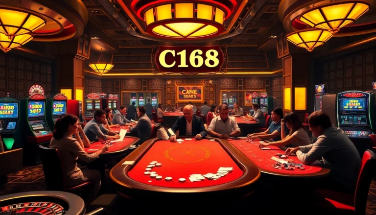A lively casino scene showcasing players at poker tables, highlighting excitement and strategy with C168 branding in the background.
