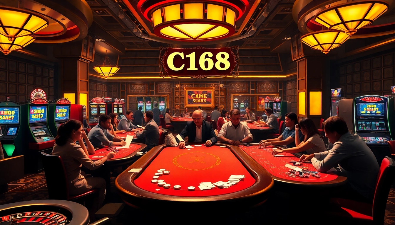 A lively casino scene showcasing players at poker tables, highlighting excitement and strategy with C168 branding in the background.