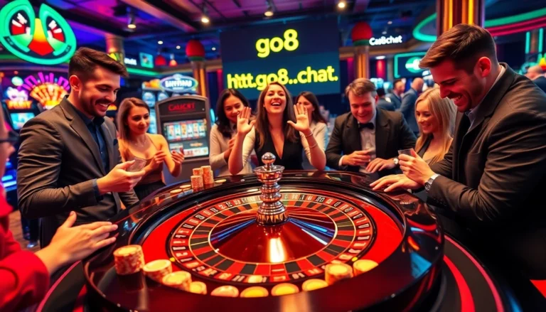 Players enjoying a thrilling casino game at https://go8.chat/, surrounded by vibrant lights and betting excitement.