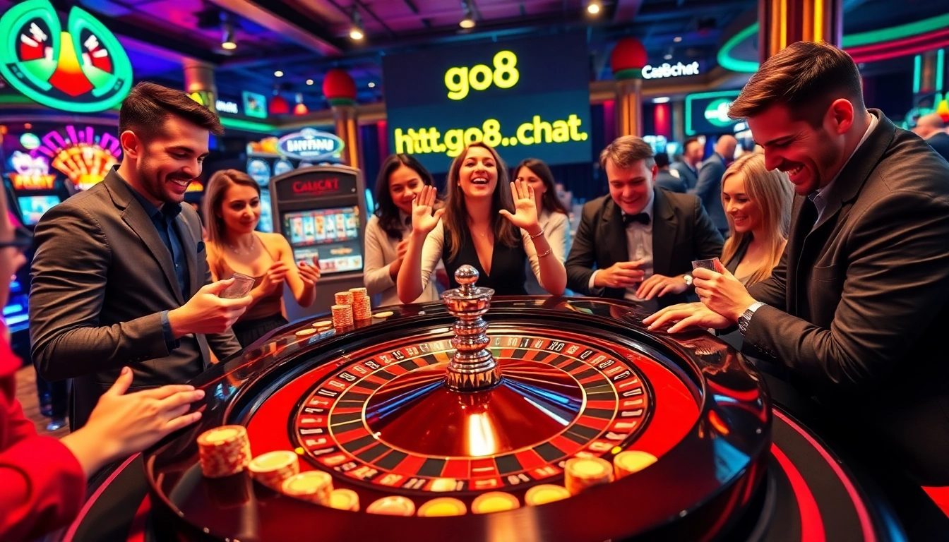 Players enjoying a thrilling casino game at https://go8.chat/, surrounded by vibrant lights and betting excitement.