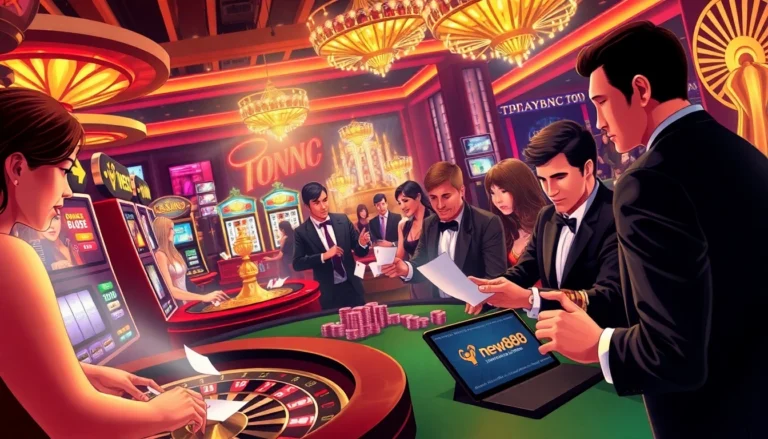 Experience the thrill of online gambling with new888 as players engage with iconic casino games, surrounded by vibrant visuals.