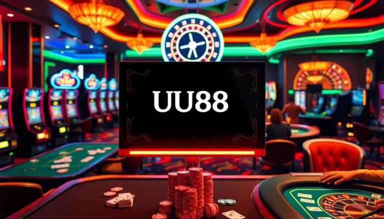 Exciting gambling action at UU88 casino, featuring captivating game tables and vibrant slot machines.