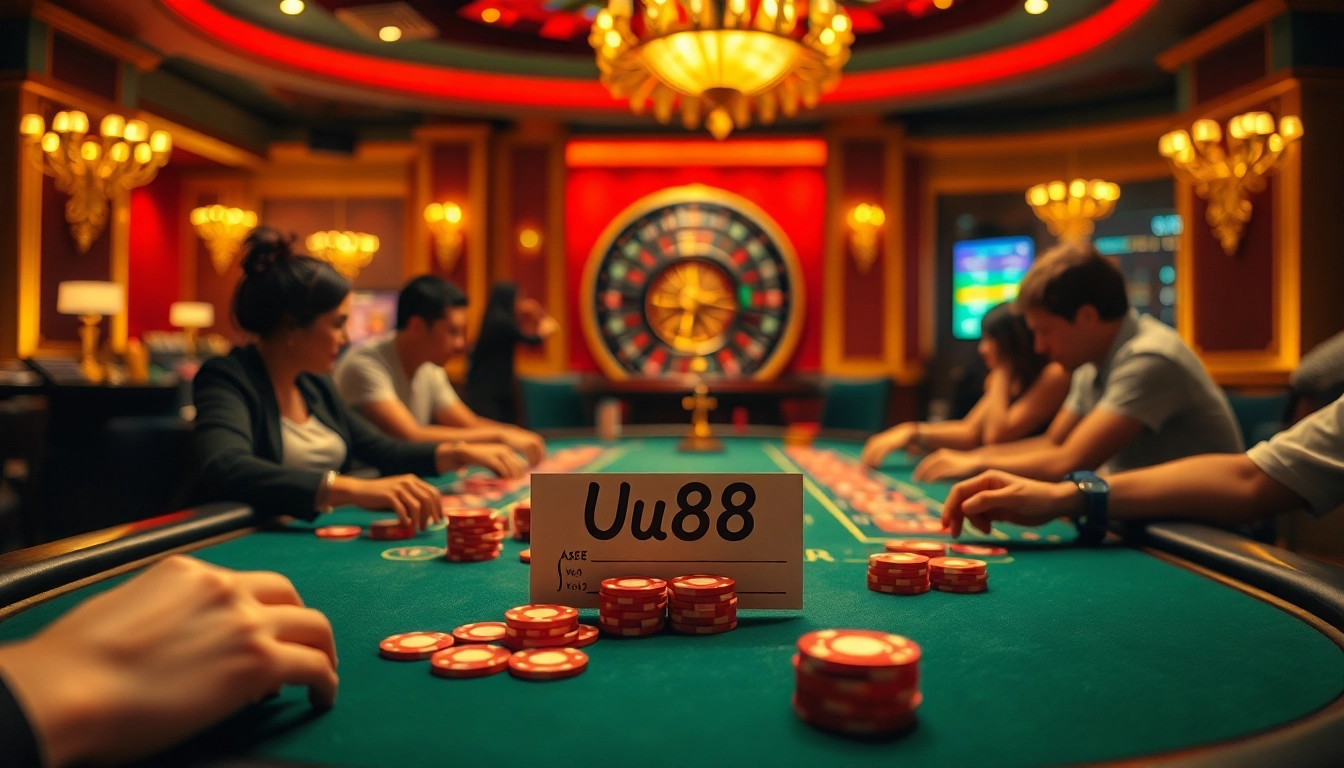 UU88 casino experience capturing players at a lively poker table with chips and a roulette wheel.