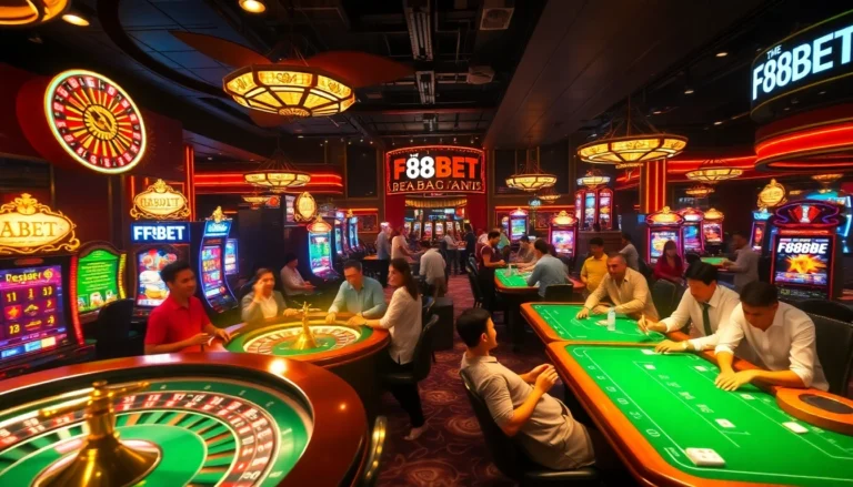 F88BET players enjoying a thrilling casino experience with slot machines and roulette.
