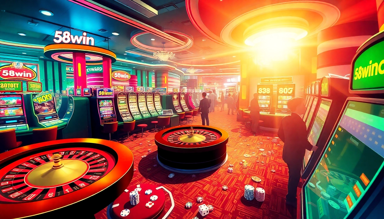 Players enjoying casino games at 58win, with vibrant slot machines and roulette tables creating an exciting atmosphere.