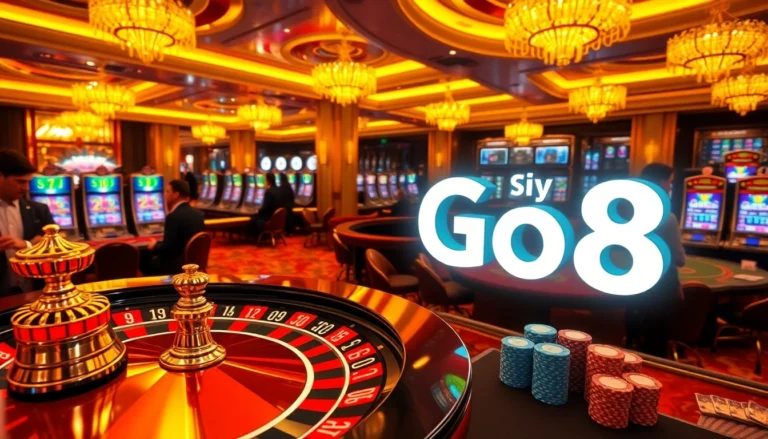 Experience the excitement of the trang chủ Go8 casino with elegant tables, vibrant slot machines, and thrilling players engaged in high-stakes gambling.