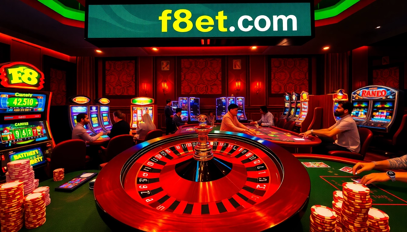 Exciting gambling activity at f8bet.com featuring a roulette wheel and players at the poker table.