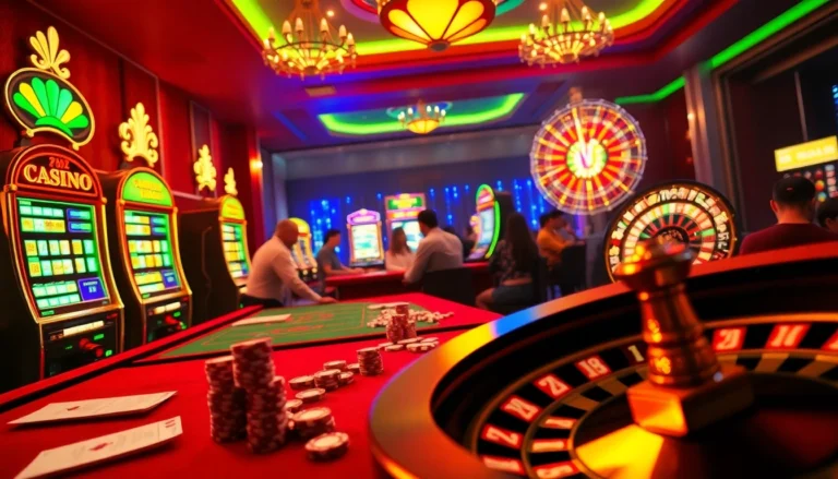 F8Bet gaming table with players wagering excitement and vibrant slot machines.