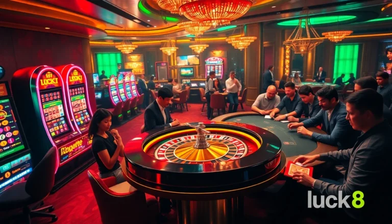 Experience the thrill of luck8 at a vibrant casino with roulette, cards, and players immersed in betting action.