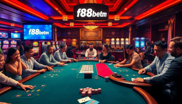 F8bet.com offers an exciting casino environment with players engaged in intense poker and blackjack games.