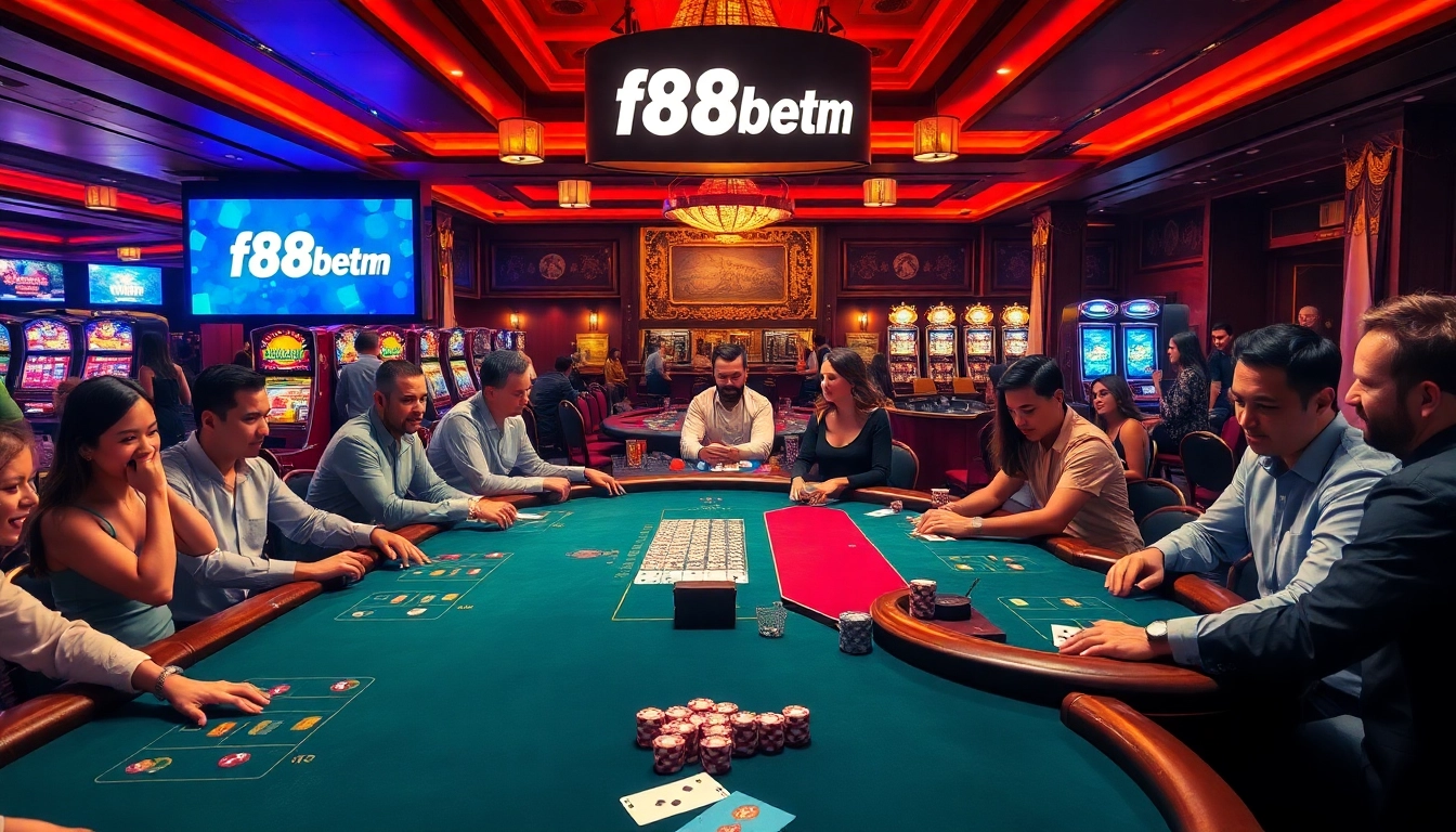 F8bet.com offers an exciting casino environment with players engaged in intense poker and blackjack games.