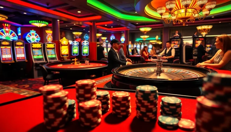 Experience the excitement of uu88 with players at a roulette table celebrating wins amidst flashing slot machines.