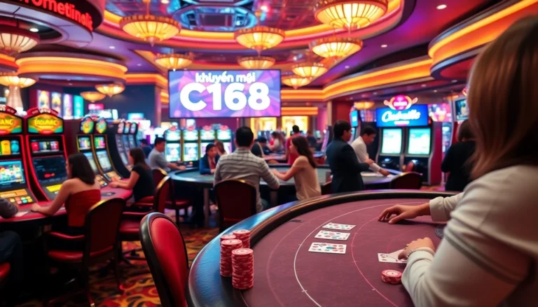 Experience the exciting atmosphere of 'khuyến mãi C168' at a vibrant casino with players around poker tables.