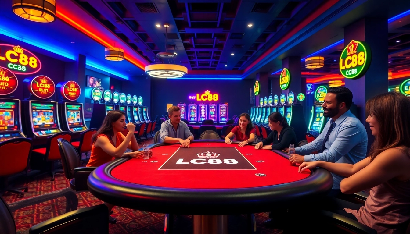 LC88 poker table showcasing thrilling gameplay and vibrant casino ambiance with enthusiastic players.